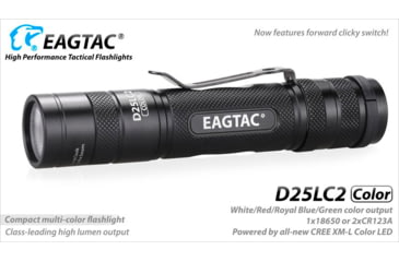 Image of Eagtac D25LC2 Color Flashlight, XM-L COLOR LED, White-331lm, Red-120lm, Royal blue-45lm, Green-240lm, Black, D25LC2-XML-COLOR