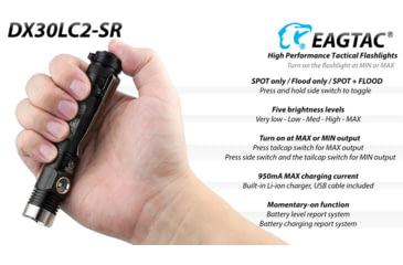 Image of EAGTAC DX30LC2-SR Side-LED Rechargeable Flashlight Kit, Spot XP-L HI V2 NW w/ Flood Nichia 219B CRI92 5700K LED, 1080lm/390lm, Black, DX30LC2SR-XPLHINW-SIDE219B-KIT