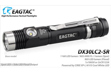 Image of EAGTAC DX30LC2-SR Side-LED Rechargeable Flashlight Kit, Spot XP-L HI V2 NW w/ Flood Nichia 219B CRI92 5700K LED, 1080lm/390lm, Black, DX30LC2SR-XPLHINW-SIDE219B-KIT