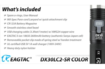 Image of EAGTAC DX30LC2-SR Side-LED Rechargeable Flashlight, Spot XP-L HI V2 NW w/ Flood Nichia 219B CRI92 5700K LED, 1080lm/390lm, Black, DX30LC2SR-XPLHINW-SIDE219B-BASE