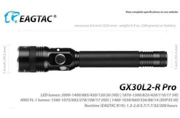 Image of EAGTAC GX30L2-R Pro Flashlight, XHP35 HD CW LED, 2000lm, Black, GX30L2R-XHP35-HD-PRO-CW
