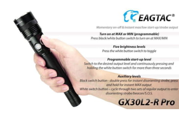 Image of EAGTAC GX30L2-R Pro Flashlight, XHP35 HD CW LED, 2000lm, Black, GX30L2R-XHP35-HD-PRO-CW