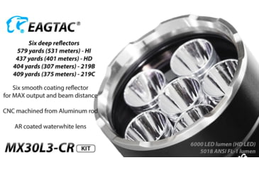 Image of EAGTAC MX30L3-CR Base Flashlight, 6 Nichia 219C CRI92 4000K LED, 3850lm, Black, MX30L3CR-6*219C-BASE-NW