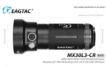 Image of Eagtac Rechargeable MX30L3C-R 6XPL HI 5250 Lumens LED Flashlight, Black, Medium, MX30L3CR6*XPLHI