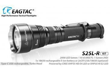 Image of Eagtac USB Rechargeable S25LR XHP35 HD 2000 Lumen Tactical Flashlight KIT, Black, Medium, S25LRXHP35HDKIT
