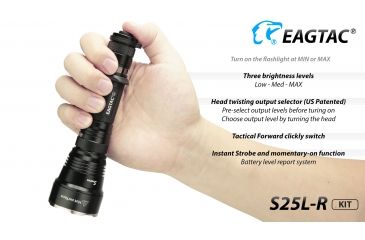 Image of Eagtac USB Rechargeable S25LR XHP35 HI 385 Meter Tactical Flashlight KIT, Black, Medium, S25LRXHP35HIKIT