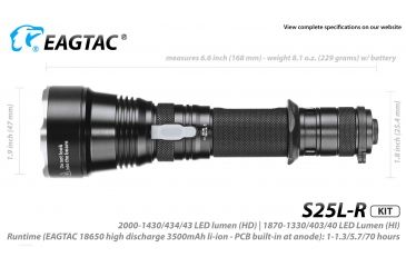 Image of Eagtac USB Rechargeable S25LR XHP35 HI 385 Meter Tactical Flashlight KIT, Black, Medium, S25LRXHP35HIKIT