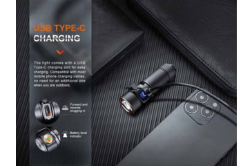 Image of Fenix E18R V2, Flashlight, White LED, 1,200 Lumens, 2.64 Long, Anodized Finish, Black, Includes Rechargeable 16340 and USB Type-C Charging Cable
