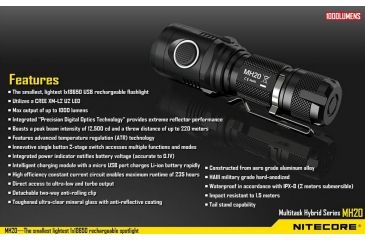 Image of Nitecore MH20 Rechargeable CREE XM-L2 U2 LED Flashlight,1000 Lumens, Black NITECORE-MH20