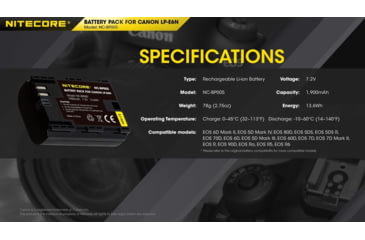 Image of Nitecore NC-BP005 Camera Battery Compatible with Canon LP-E6N, Black, 6952506494545