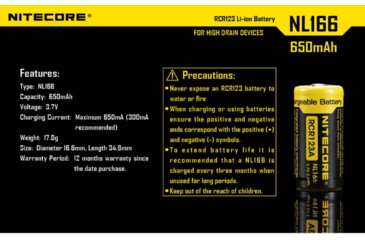 Image of Nitecore NL166 650mAh Rechargeable Li-ion RCR123A 16340 Battery, Yellow, 6952506490318
