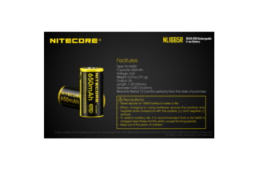 Image of Nitecore NL1665R 650mAh USB Rechargeable 16340 Battery, Yellow, 6952506492411