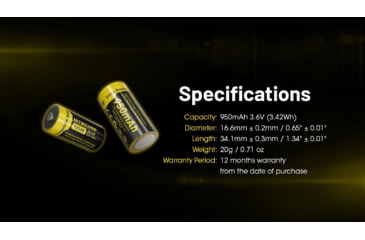Image of Nitecore NL169 950mAh Rechargeable 16340 Battery, Yellow, BAT-NITE-16340-NL169