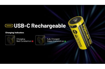 Image of Nitecore NL169R 950mAh USB-C Rechargeable 16340 Battery, Yellow, BAT-NITE-16340-NL169R
