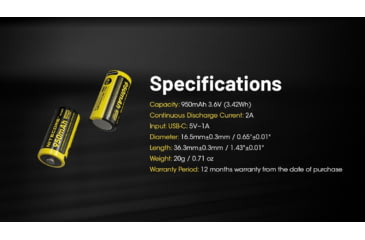 Image of Nitecore NL169R 950mAh USB-C Rechargeable 16340 Battery, Yellow, BAT-NITE-16340-NL169R