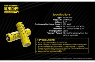 Image of Nitecore NL2150HPR 5000mAh USB-C Rechargeable 15A 21700 Battery, Yellow, 6952506493739
