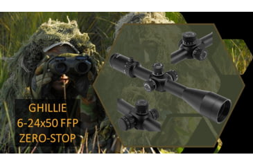 Image of Patriot Optics Ghillie 6-24x50mm Rifle Scope, 30mm Tube, First Focal Plane, MIL/BDC Reticle With Zero Stop Turret, Matte Black, PO-S-6-24x50mmZS
