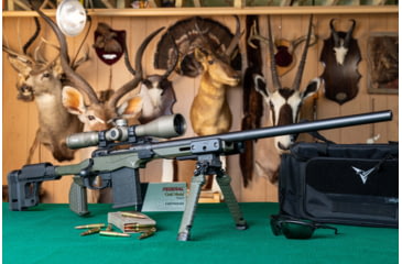 Image of TRYBE Defense Savage Model 10 Short Action Chassis System, TRYBE Optics 6-24x50mm Rifle Scope, TRYBE Optics Rangefinder