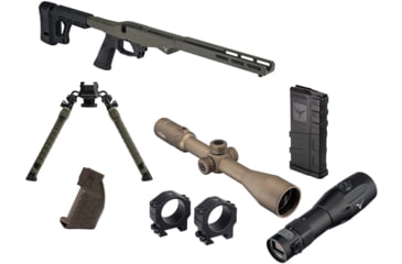 Image of TRYBE Defense Savage Model 10 Short Action Chassis System, TRYBE Optics 6-24x50mm Rifle Scope, TRYBE Optics Rangefinder
