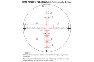 Image of Vortex Viper PST Gen II 3-15x44 mm Rifle Scope, 30 mm Tube, Second Focal Plane, Black, Hard Anodized, Red EBR-4 MOA Reticle, MOA Adjustment, PST-3151