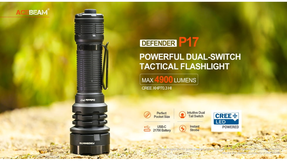 Acebeam Defender P17 LED Tactical Flashlight, Li-Ion Battery, 4900 Lumen, Black, 147x41x26mm, P17 Black
