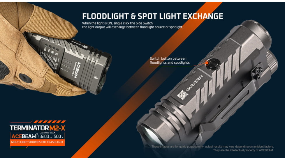 Acebeam EDC Terminator M2-X Flashlights, Li-Ion Battery, 3200 Lumens w/RGB, Grey, M2-X