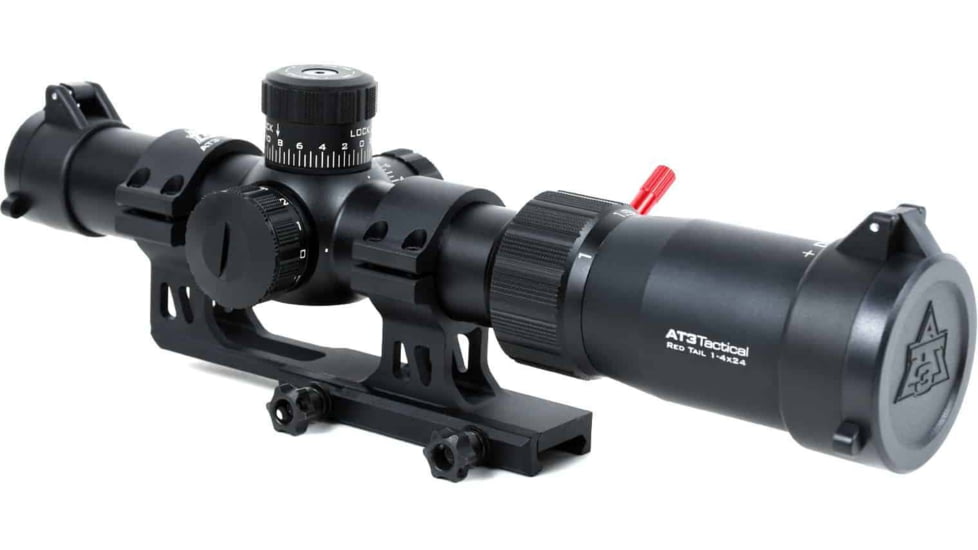 AT3 Tactical Red Tail LPVO 1-4x24 Rifle Scope with Mount 30mm SFP, Black, Illuminated BDC Reticle, MOA, with 30mm Cantilever Mount and Throw Lever, AT3-RT-1-4X24