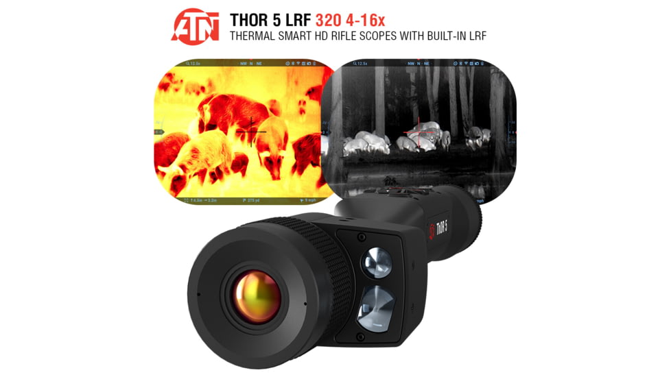 ATN Thor 5 LRF 4-16x 320x240 12 Micron Smart HD Thermal Rifle Scope, 30mm Tube w/ Gen 5 Sensor, Multiple Patterns &amp; Color Options Reticle, Black, TIWST5325LRF