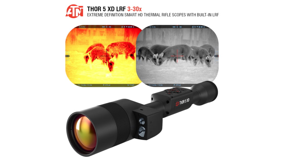 ATN Thor 5 XD LRF 3-30x 1280x1024 12 Micron Smart HD Thermal Rifle Scope, 30mm Tube w/ Xtreme Definition 1.3 Megapixel Sensor, Multiple Patterns &amp; Color Options Reticle, Black, TIWST51275LRF