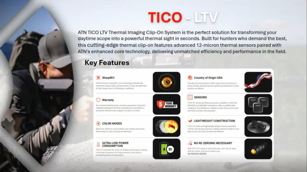 ATN TICO-LTV 1-4x25mm, 320x240, 12 Micron Thermal Clip-On Rifle Scope w/QDM mount, Black, TICOLTV325X