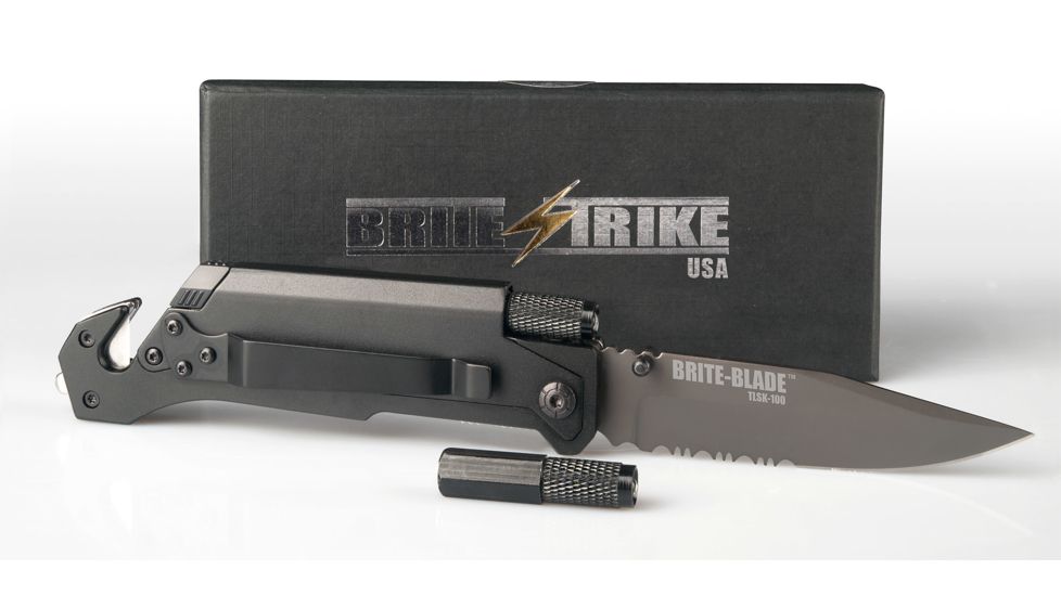 BriteBrite-Blade Tactical Lighted Survival Knife w/ Mini LED Flashlight, 3.5in, Combo Edge Serrated BSTLSK-100-SERRATED
