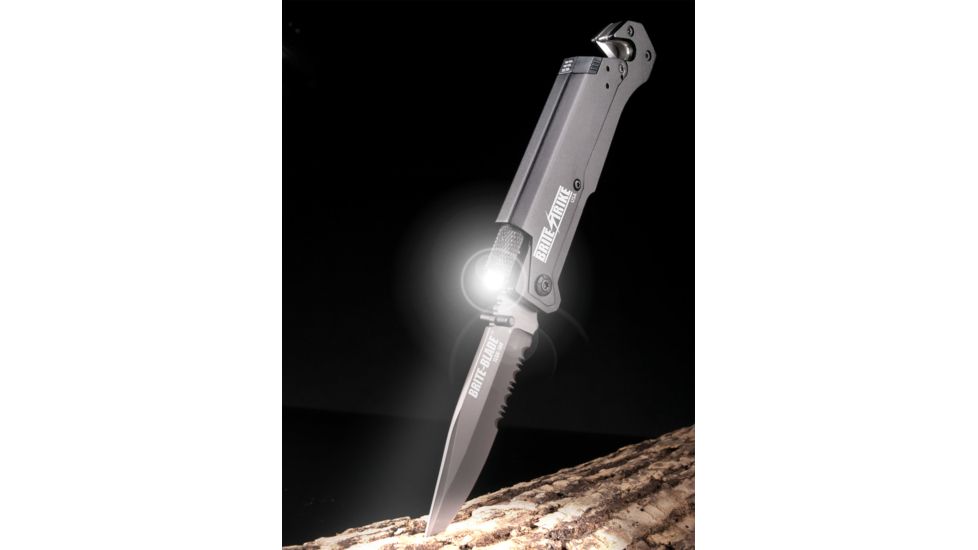 BriteBrite-Blade Tactical Lighted Survival Knife w/ Mini LED Flashlight, 3.5in, Combo Edge Serrated BSTLSK-100-SERRATED