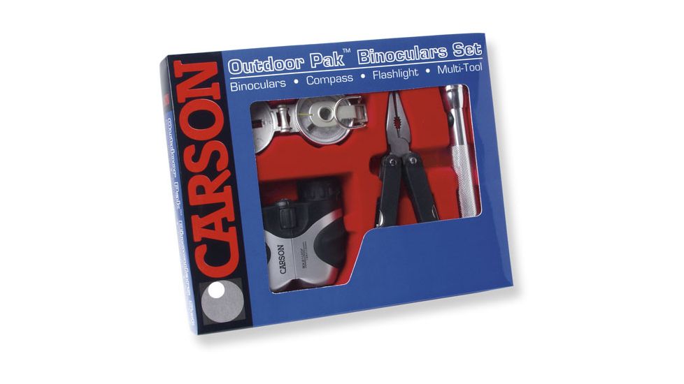 Carson OutDoorPak: 8x21 Tracker Binoculars Flashligh, 9-in-1 tool, Lensatic Compass TZ-401 Outdoor Gift Pack