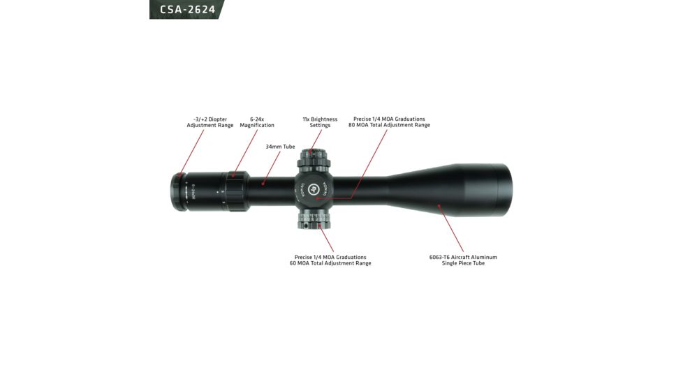 Crimson Trace 2 Series Sport Rifle Scope, 6-24x56mm, FFP, 34mm Tube, MR1-MOA Illuminated Reticle, Black CSA-2624