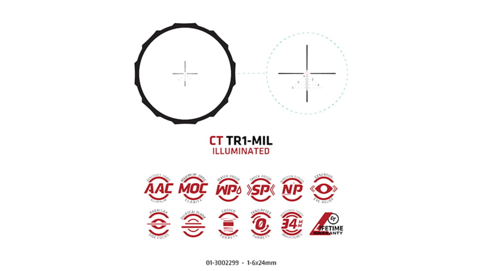 Crimson Trace Hardline Rifle Scope, 1-6x24mm, 34mm Tube, Second Focal Plane, Illuminated CT TR1-MIL, 01-3002299