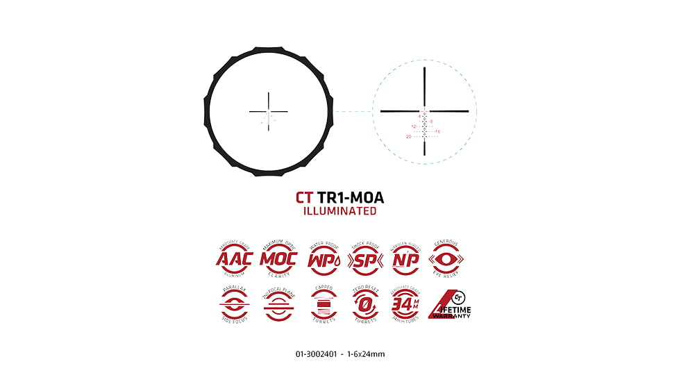 Crimson Trace Hardline Rifle Scope, 1-6x24mm, 34mm Tube, Second Focal Plane, Illuminated CT TR1-MOA, 01-3002401