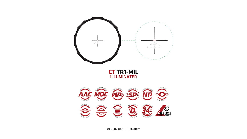 Crimson Trace Hardline Rifle Scope, 1-8x28mm, 34mm Tube, Second Focal Plane, Illuminated CT TR1-MIL, 01-3002300
