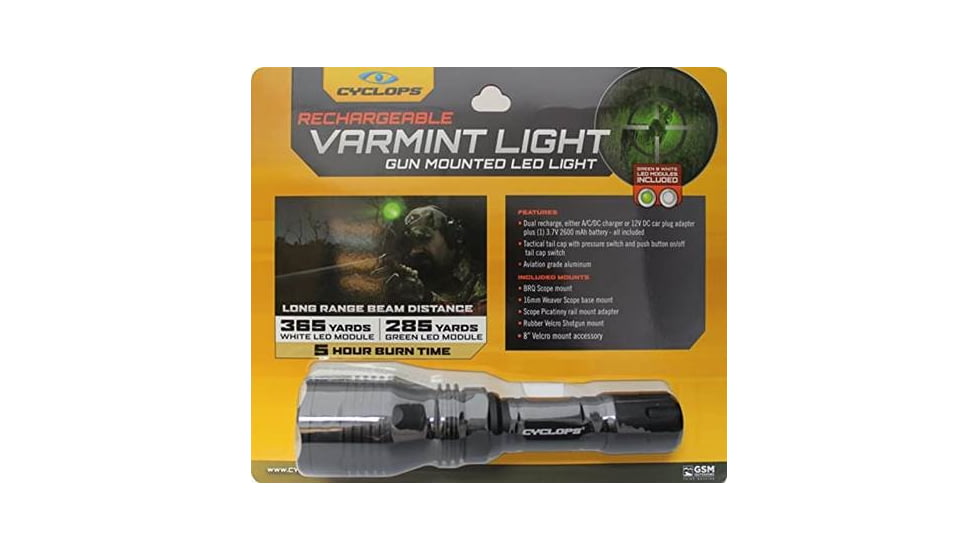 Cyclops Scope Mounted Varmint Light, Rechargeable LED Flashlight w/ Green LED, 250 Lumens, Clam Pack, Black, CYC-VB250NC