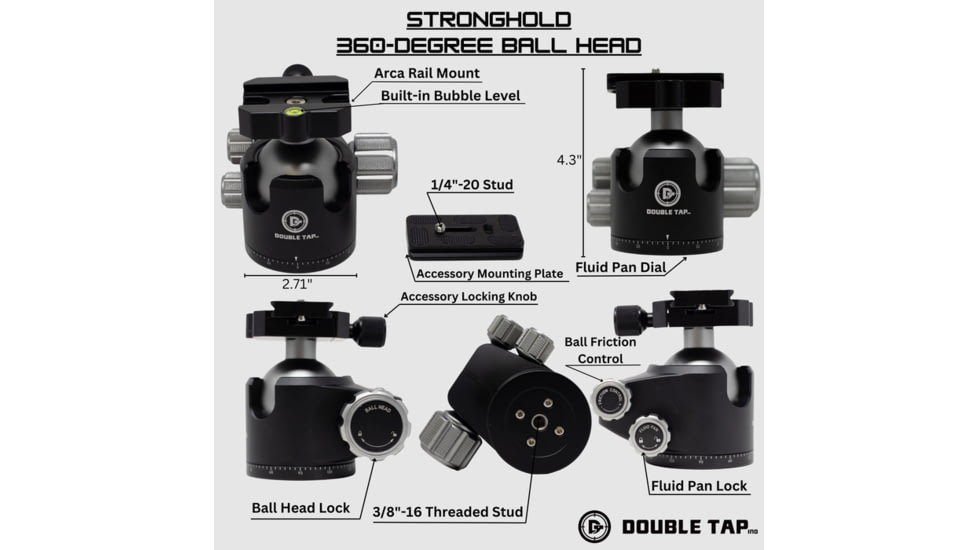 Double Tap Industries Stronghold Aluminum Shooting Tripod w/Ball Head, Black, TRI-A-002BH