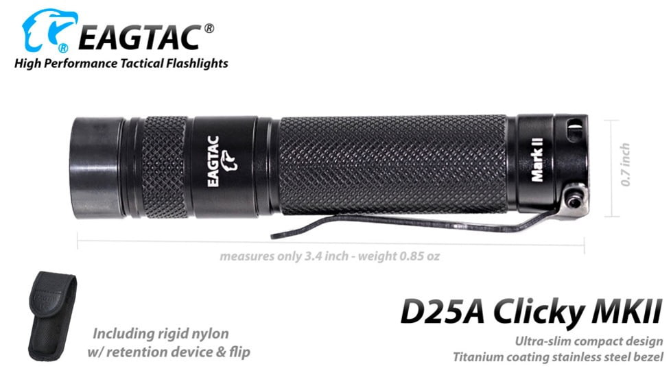 EAGTAC D25A RC MKII Flashlight, XP-L HI V2 NW LED, 330lm, Black, D25A-CLICKY-MKII-XPLHI-NW