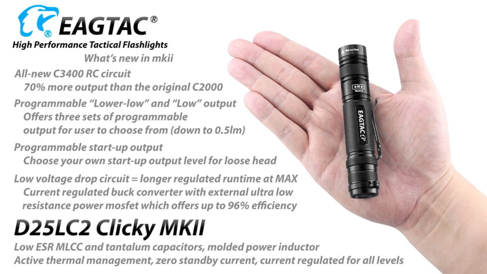 EAGTAC D25LC2 Clicky MKII Flashlight, Luminus SST20 CRI-95 4000K NW LED, 820lm, Black, D25LC2-CLICKY-MKII-SST20-NW