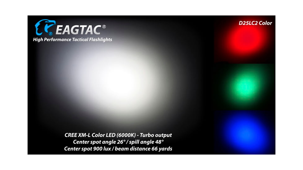 Eagtac D25LC2 Color Flashlight, XM-L COLOR LED, White-331lm, Red-120lm, Royal blue-45lm, Green-240lm, Black, D25LC2-XML-COLOR