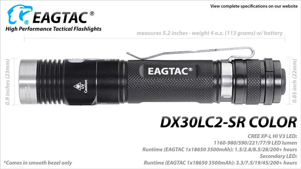 EAGTAC DX30LC2-SR Side-LED Rechargeable Flashlight, Spot XP-L HI V2 NW w/ Flood Nichia 219B CRI92 5700K LED, 1080lm/390lm, Black, DX30LC2SR-XPLHINW-SIDE219B-BASE