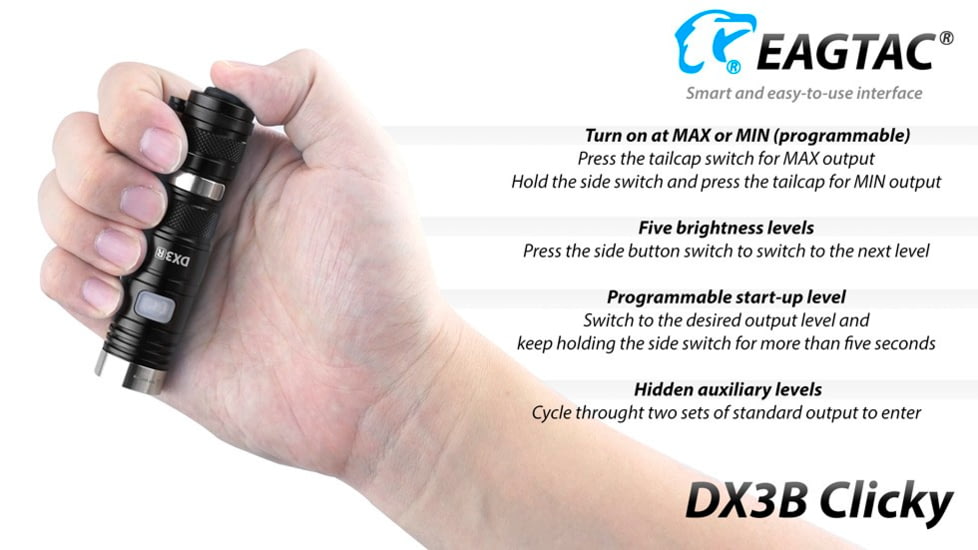 EAGTAC DX3B Clicky Rechargeable XHP50.2 NW LED 2325 Lumen Flashlight, Black, DX3B-CLICKY-XHP502-REG-NW