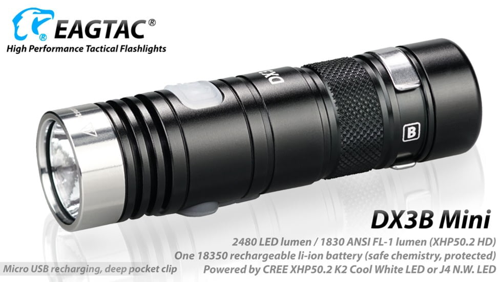 EAGTAC DX3B Mini Flashlight, XHP50.2 CW LED, 2480lm, Black, Black, DX3BM-XHP502-REG-CW