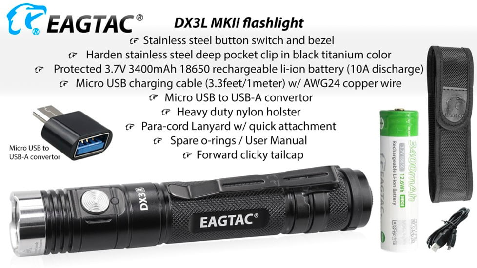 EAGTAC DX3L MKII Flashlight, SST70 CW LED, 2674lm, Black, DX3L MKII-XHP50.2-NW
