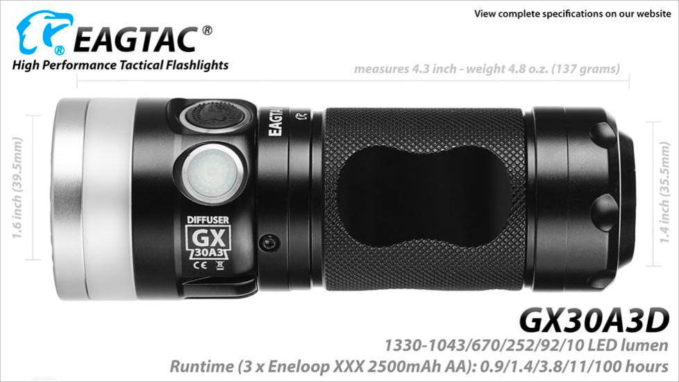 EAGTAC GX30A3-D Flashlight, XPL HI CW w/ LEDarray LED, 1330lm w/ 1000lm, Black, GX30A3-Diffuser-XPLHI-CW