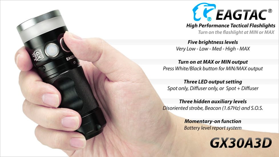 EAGTAC GX30A3-D Flashlight, XPL HI CW w/ LEDarray LED, 1330lm w/ 1000lm, Black, GX30A3-Diffuser-XPLHI-CW