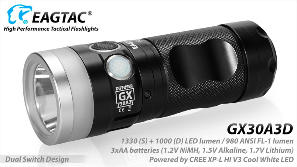 EAGTAC GX30A3-D Flashlight, XPL HI CW w/ LEDarray LED, 1330lm w/ 1000lm, Black, GX30A3-Diffuser-XPLHI-CW
