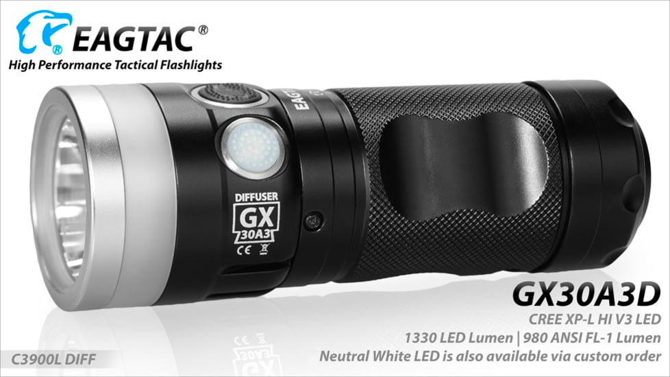 EAGTAC GX30A3-D Flashlight, XPL HI CW w/ LEDarray LED, 1330lm w/ 1000lm, Black, GX30A3-Diffuser-XPLHI-CW